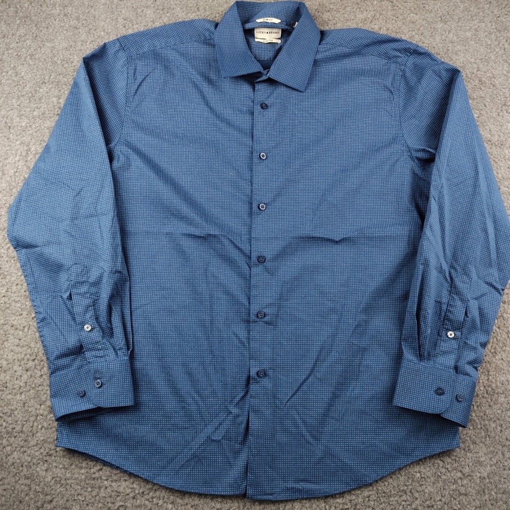 Lucky Brand Button Up Mens Large Slim Fit Blue Stretch Micro Geometric EUC
